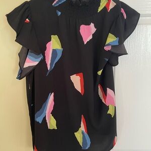 THML Black and Pink Flutter Sleeve Ruffled Blouse- EUC